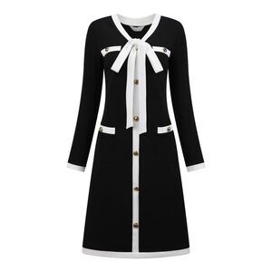 Women's A-Line Dress Contrast Color V Neck Long Sleeve Work Dress Black